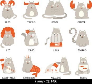 Set di simpatici gatti zodiacali. Dodici segni zodiacali. Ariete toro gemini cancro leone virgo libra scorpio sagittario capricorno acquario pesci. Cat AS Illustrazione Vettoriale