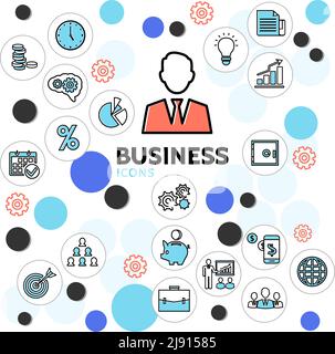 Collezione icone linea business con orologio businessman diagramma calendario cassaforte bulbo documenta i grafici target di valigetta in cerchi isolati vettore illustra Illustrazione Vettoriale