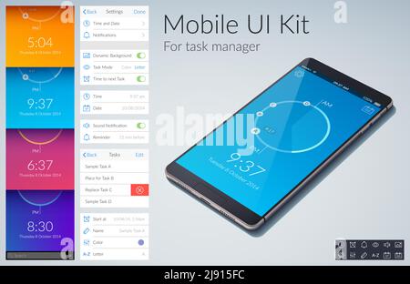 Concetto di design del kit di interfaccia utente mobile per gestire le attività con colori sfondi immagine vettoriale piatta Illustrazione Vettoriale