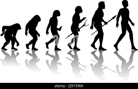 Evoluzione dell'uomo. Silhouette progredire sviluppo della crescita. Neanderthal e scimmia, homo-sapiens o hominid, primate o ape con lancia o bastone di arma o s. Illustrazione Vettoriale
