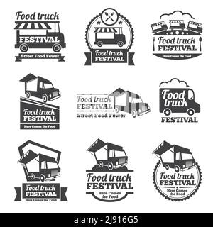 Set vettoriale di emblemi e loghi del festival del camion alimentare. Festival Street food, festival del cibo badge, emblema cibo camion illustrazione Illustrazione Vettoriale