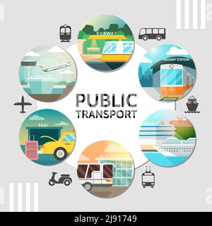 Trasporto pubblico piatto di concetto rotondo con crociera in treno della metropolitana dell'aeroplano nave bus taxi scooter tram isolato vettore illustrazione Illustrazione Vettoriale