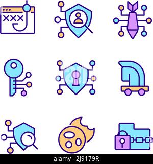 Malware e protezione pixel Perfect RGB icone colore impostato Illustrazione Vettoriale