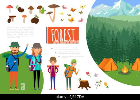 Composizione di avventura foresta piatta con la famiglia va campo di trekking falò funghi fiori farfalle vettore illustrazione Illustrazione Vettoriale