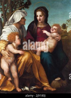 La Madonna col Bambino con Santa Elisabetta e San Giovanni Battista di Andrea del Sarto (Andrea d'Agnolo: 1486-1530), olio su legno, c.. 1513 Foto Stock