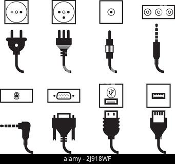 Set di icone per prese elettriche e spine. Presa di corrente, connettore video jack, USB e standard audio, collegamento a filo, illustrazione vettoriale Illustrazione Vettoriale