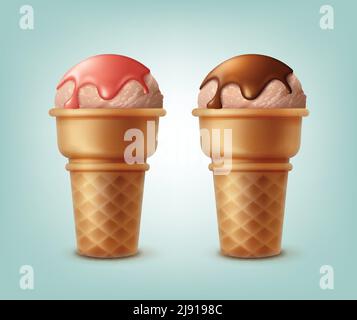 Set vettoriale di gelati in coni di cialde cosparsi di sciroppo isolato su sfondo Illustrazione Vettoriale