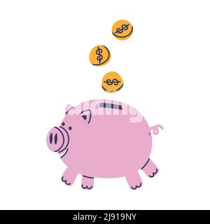 Maiale rosa - una banca di maialino e monete che cadono in esso. Isolato su sfondo bianco illustrazione vettoriale. Illustrazione Vettoriale