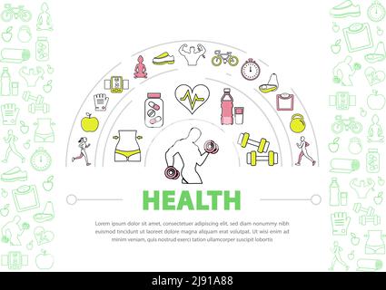 Modello di stile di vita sano con la donna running forti frutti yoga uomo attrezzature fitness bilance biciclette vitamine linea cardiaca icone vettore isolato illust Illustrazione Vettoriale