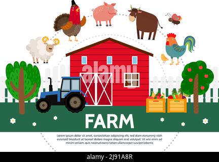 Modello agricolo piatto con fienile alberi pecora tacchino tacchino toro gallina farfalla trattore casse di frutta e verdura vettore isolato illustrazione Illustrazione Vettoriale