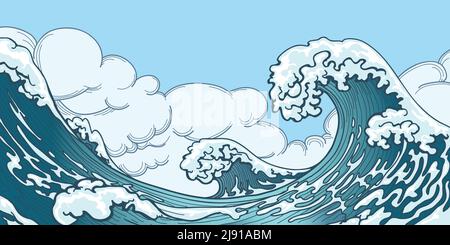 Oceano grande onda in stile giapponese. Spruzzi d'acqua, tempesta, tempo natura. Illustrazione vettoriale a onda grande disegnata a mano Illustrazione Vettoriale