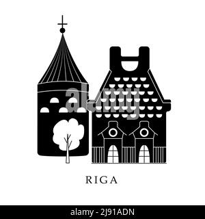 Capitali europee, riga. Illustrazione in bianco e nero Illustrazione Vettoriale