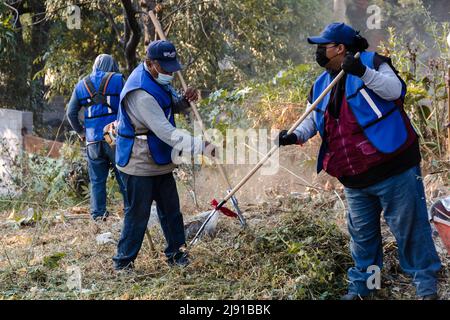 I vicini effettuano una giornata di pulizia in un burrone nella città di Puebla Foto Stock