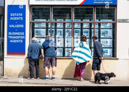 Looe, Cornovaglia, Regno Unito. 19th maggio 2022. UK Meteo: Sole glorioso e cielo blu alla stazione balneare Cornish di Looe questo pomeriggio. I visitatori possono controllare il mercato immobiliare nella finestra di un agente immobiliare locale. Credit: Celia McMahon/Alamy Live News Foto Stock