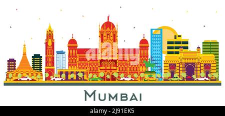 Mumbai India City Skyline con edifici a colori isolati su bianco. Illustrazione vettoriale. Concetto di viaggio d'affari e di turismo con architettura moderna. Illustrazione Vettoriale