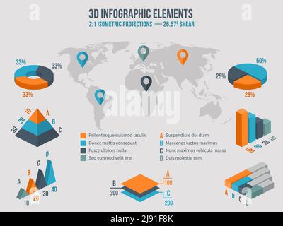 Elementi infografici aziendali. Grafici 3d e grafici e diagrammi sulla mappa del mondo. Illustrazione vettoriale Illustrazione Vettoriale