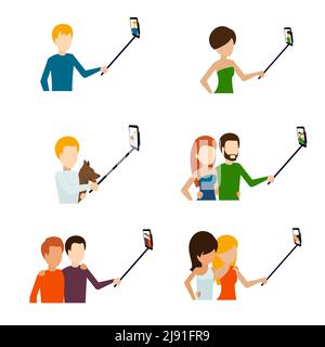 Set di icone piatte selfie monopod. Telefono e fotografia, fotocamera e telefono. Illustrazione vettoriale Illustrazione Vettoriale