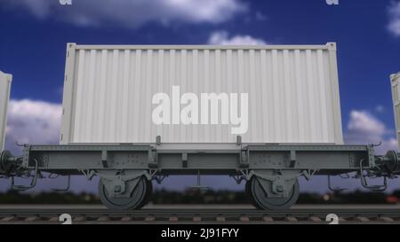 Cargo train con contenitori bianchi vuoti. Trasporto ferroviario. 3d rendering Foto Stock