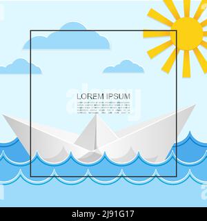 Concetto di luce da viaggio in mare con cornice per testo in carta sole e origami barca galleggiante sull'oceano onde illustrazione vettoriale Illustrazione Vettoriale