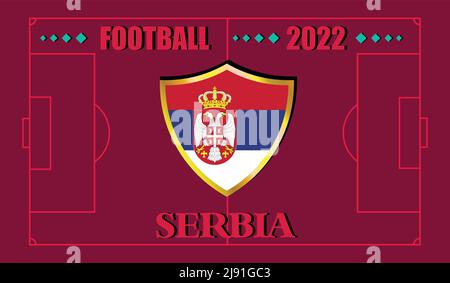 Coppa del mondo FIFA Qatar 2022. Disegno della bandiera della squadra Serbia e testo sullo sfondo del campo di calcio. Illustrazione vettoriale. eps 10 Illustrazione Vettoriale