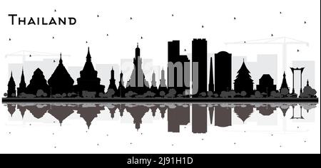 Thailand City Skyline Silhouette con edifici neri e riflessi isolati su bianco. Illustrazione vettoriale. Concetto di turismo. Illustrazione Vettoriale