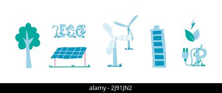 Set di elementi per progetti eco-compatibili. Energia elettrica naturale, solare ed eolico sistema di generazione di corrente alternata. Cartoon vettoriale isolato Illustrazione Vettoriale