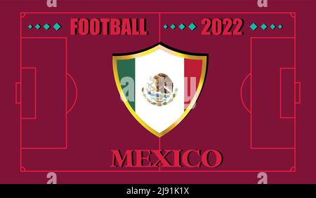 Coppa del mondo FIFA Qatar 2022. Disegno della bandiera della squadra del Messico e testo sullo sfondo del campo di calcio. Illustrazione vettoriale. eps 10 Illustrazione Vettoriale