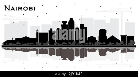 Nairobi Kenya City Skyline Silhouette con edifici neri e riflessi isolati su bianco. Illustrazione vettoriale. Viaggi e concetto. Illustrazione Vettoriale