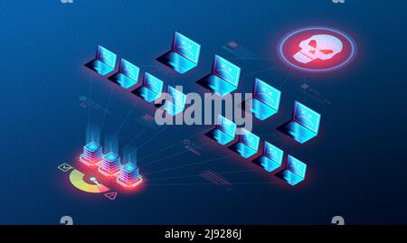 Distributed Denial-of-Service - concetto di attacco DDoS - un utente malintenzionato che interrompe il traffico di un server o di una rete target utilizzando un botnet - 3D Illustrat Foto Stock