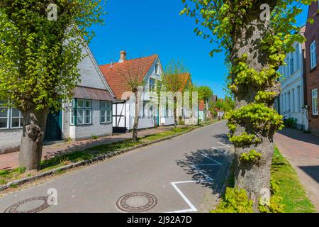 Arnis, la più piccola città tedesca, Lange Strasse, finestra baia, architettura, Sentiero, case a scottoni, regione di Schlei, Groedersby, Mar Baltico, orizzontale Foto Stock