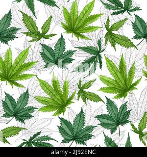 Canapa acquerello modello senza giunture. Modello disegnato a mano di canapa. Olio di cannabis sfondo bianco Foto Stock