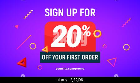 Codice coupon sconto segno in su offerta pubblicitaria. Sconto promozione tag flyer 20% di sconto promozione Illustrazione Vettoriale