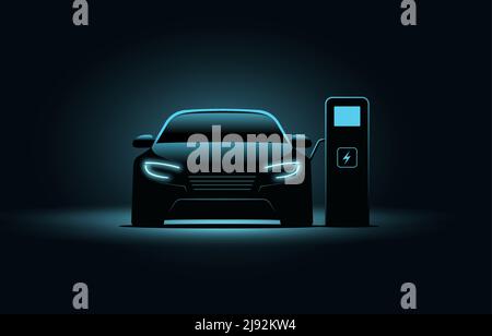 Concetto di vettore della stazione di carica ev per auto elettriche. Illustrazione della batteria al neon di sfondo dell'energia del caricabatteria del veicolo elettrico Illustrazione Vettoriale