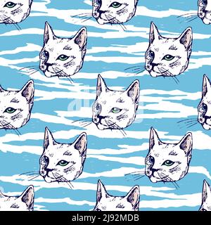 Modello vettoriale senza cuciture con testine cats e stampa tigre. Illustrazione vettoriale di animali adatta per cancelleria, tessuto, carta da imballaggio e carta da parati. Illustrazione Vettoriale