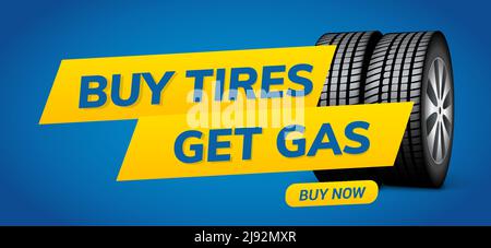 Acquista pneumatici ottenere gas vettore ruota banner disegno volantino. Disegno del concetto di pubblicità della ruota del pneumatico Illustrazione Vettoriale