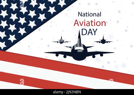 Giornata nazionale dell'aviazione. Design con colori aerei e bandiere americane, design concettuale per banner, sfondo, poster. Spazio copia. Foto Stock