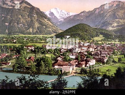 Interlaken e Jungfrau, Alpi Bernesi, Berna, Svizzera 1890. Foto Stock