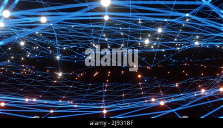 Griglia di illuminazione blu e arancione, tecnologia di comunicazione per il business Internet. Concetto globale di rete mondiale e telecomunicazioni, 3D rend Foto Stock