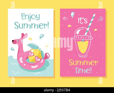 Colorati banner estivi allestiti con spiaggia di mare. Belle cartoline estive, poster, volantini, inviti alle feste. Testo estate, raccolta di modelli. Illustrazione Vettoriale