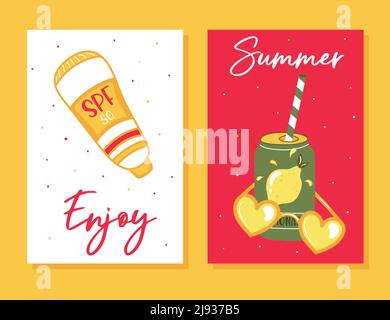Colorati banner estivi allestiti con spiaggia di mare. Belle cartoline estive, poster, volantini, inviti alle feste. Testo estate, raccolta di modelli. Illustrazione Vettoriale