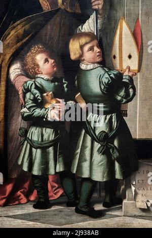 Particolare da “ San Nicola da Bari presenta alla Vergine con il Bambino degli alleevi di Galeazzo Rovellio - olio su tela - Alessandro Bonvicino detto Foto Stock