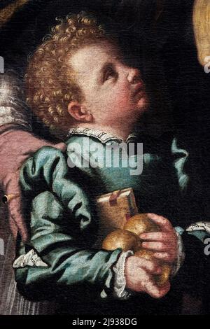 Particolare da “ San Nicola da Bari presenta alla Vergine con il Bambino degli alleevi di Galeazzo Rovellio - olio su tela - Alessandro Bonvicino detto Foto Stock