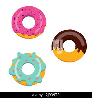 Un set di ciambelle con glassa, illustrazione vettoriale su sfondo bianco. Illustrazione Vettoriale