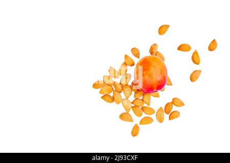 Albicocche fresche mature con noccioli isolati sullo sfondo Foto Stock