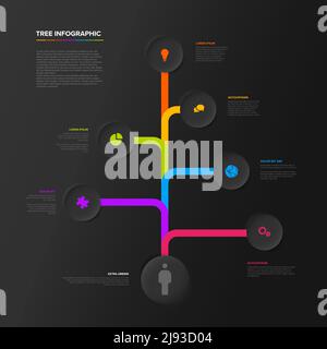 Modello di infografica ad albero con sei opzioni di diversità in cerchi di vari colori. Modello infografico polivalente con diverse ramificazioni al buio Illustrazione Vettoriale