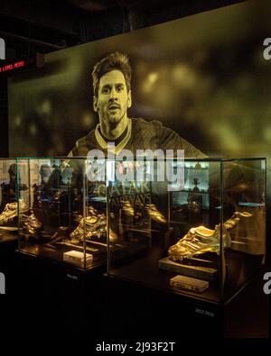 Scarpa d'oro europea al miglior marcatore europeo assegnato a Leo messi, nello spazio messi del museo del FC Barcelona, al Camp Nou di Barcellona, Spagna Foto Stock
