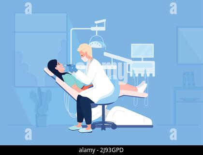 Donna spaventata in sedia dentista durante l'esame disegno vettoriale a colori piatto Illustrazione Vettoriale