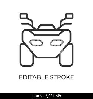 Icona della linea di vista anteriore della quad bike. Trasporto a terra ATV. Utilizzato per muoversi attraverso la foresta, la campagna e fuoristrada. Illustrazione vettoriale isolata su sfondo bianco. Tratto modificabile. Illustrazione Vettoriale