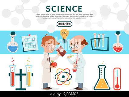 Set di icone scientifiche piatte con scienziati in flaconi per provette da laboratorio termometro a bulbo esperimento scientifico modello di atomo illustrazione vettoriale isolata Illustrazione Vettoriale