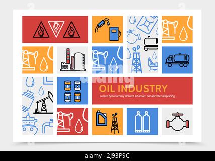 Concetto infografico dell'industria petrolifera con erogatore della pompa di alimentazione con segno infiammabile camion derrick raffineria fabbrica barili valvola autocisterna linea icone vettore illustratore Illustrazione Vettoriale